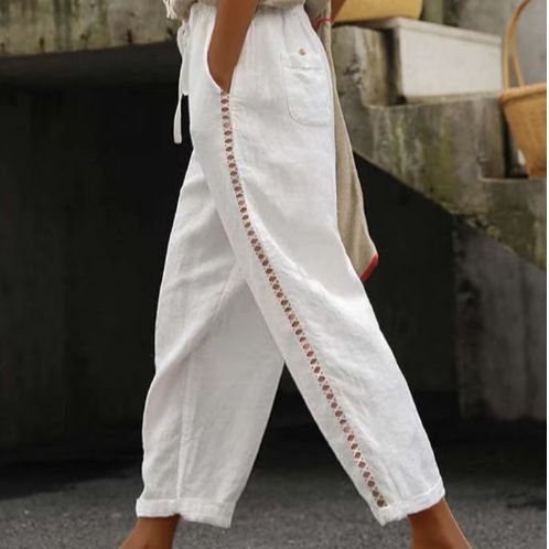 Women's Clothing Summer Nine Point Pants Loose Anti Cotton And Linen Lace Ribbed Leg Pants_ecoleips.com