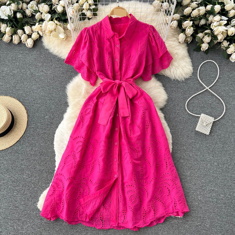 Women's Clothing Skirt Gentle Style Lapel Puff Sleeve Mid Length Shirt Dress Women's Lace Up Slimming Hollow_ecoleips.com
