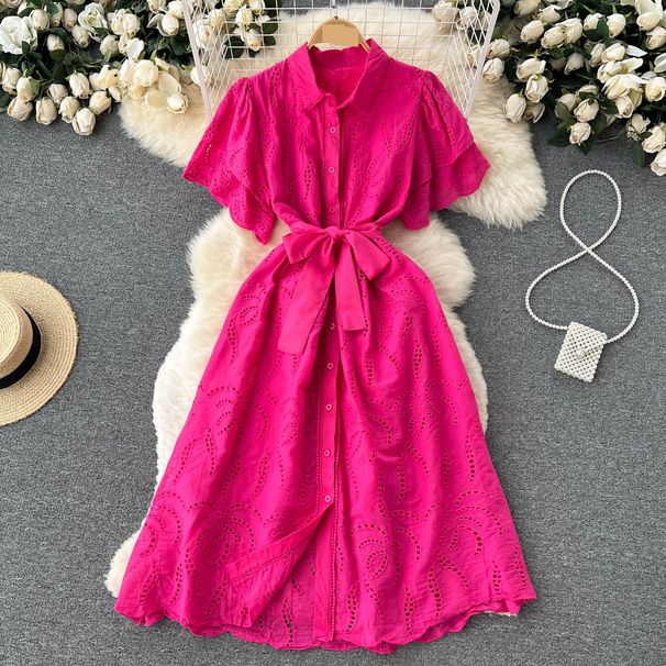 Women's Clothing Skirt Gentle Style Lapel Puff Sleeve Mid Length Shirt Dress Women's Lace Up Slimming Hollow_ecoleips.com