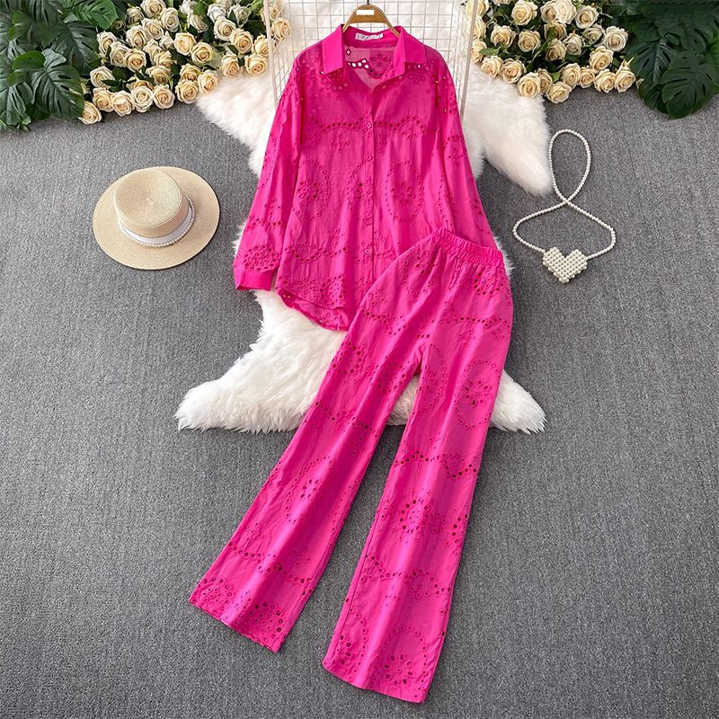 Women’s Clothing New Hollow Embroidery Lapel Long Sleeved Sun Proof Shirt Jacket + High Waist Slim Wide Leg Pants Two Piece Suit_ecoleips.com
