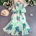 Women's Floral Ruffle Hem Maxi Dress with Puff Sleeves Elegant Romantic Design Flowy Chiffon One Size Fits Most_ecoleips.com