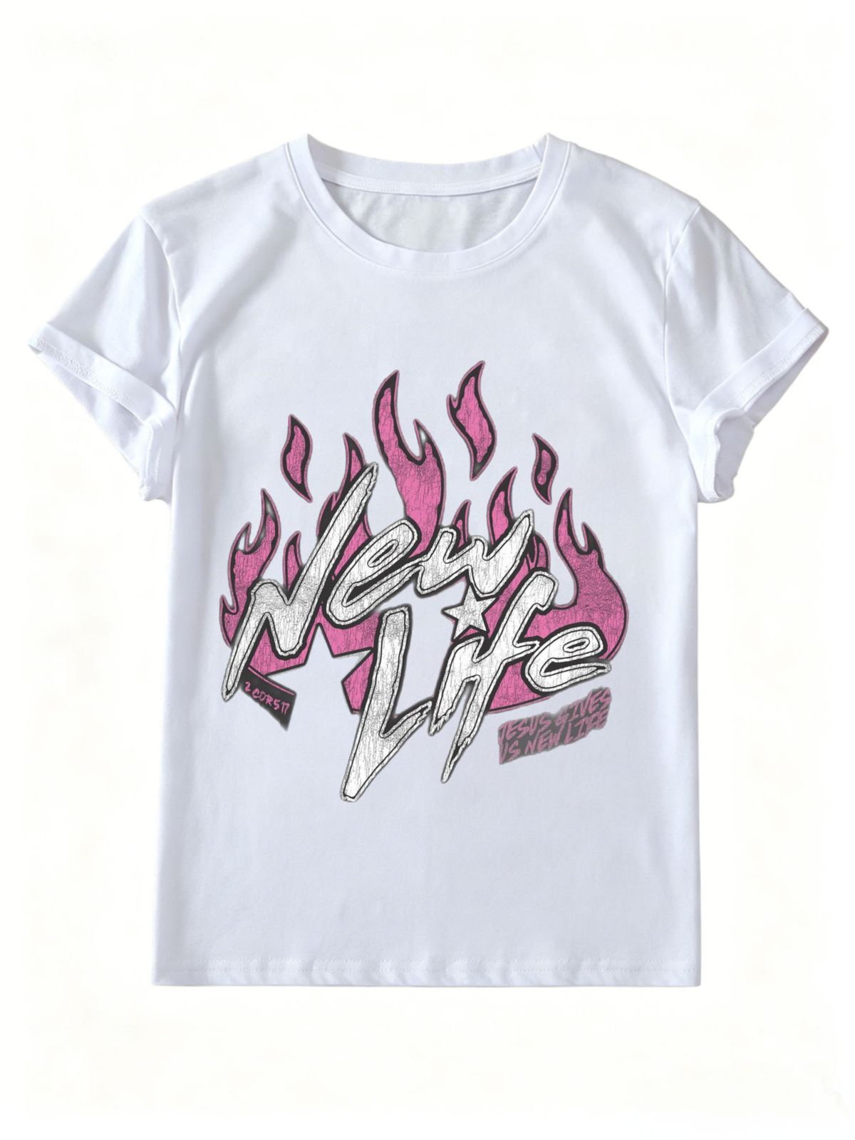 Women Y2K Pink Flame New Life Letter Graphic T-Shirt Distressed Retro Crew Neck Short Sleeve Casual White Street Tee_ecoleips.com