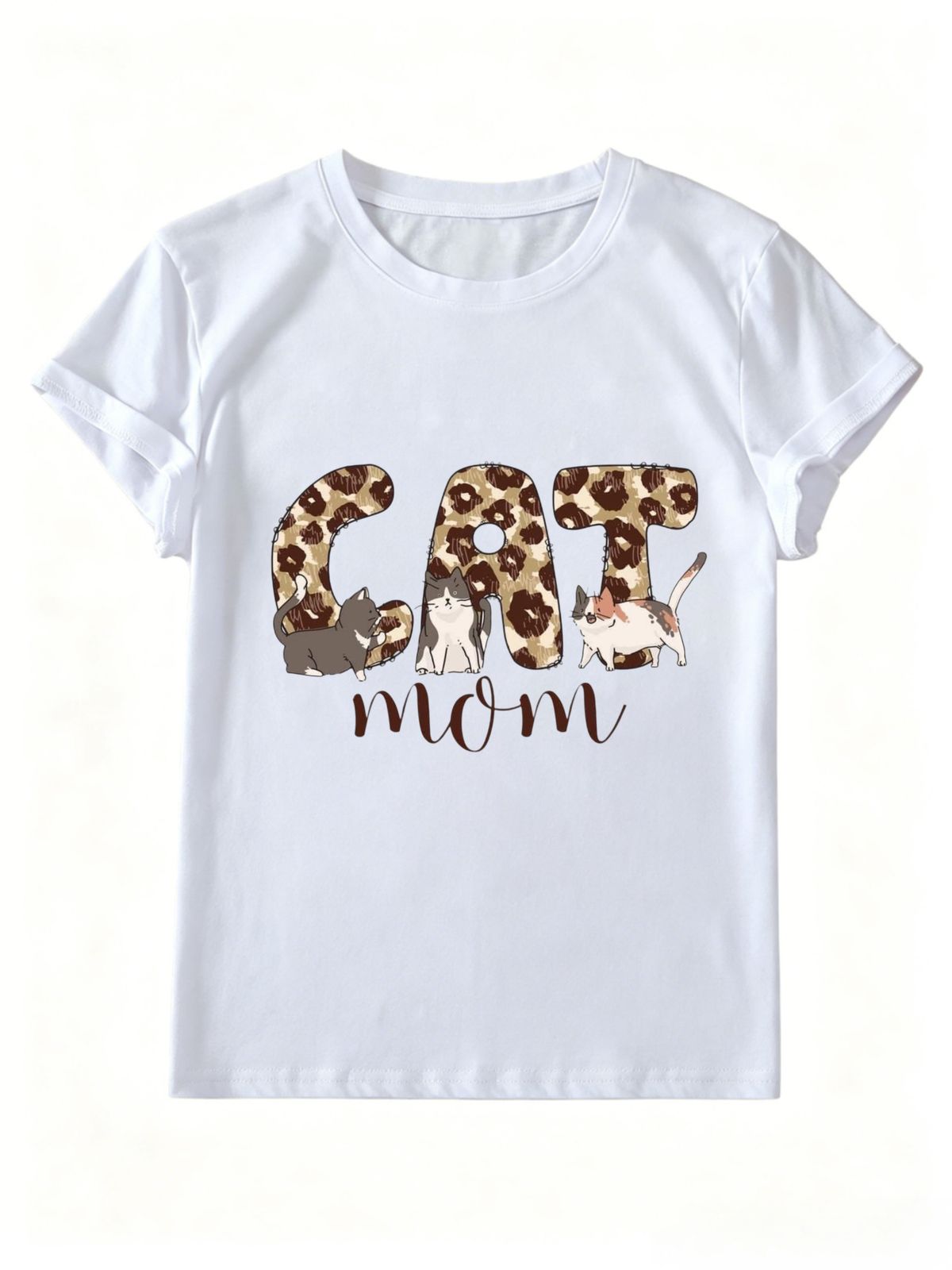 Leopard CAT MOM Cute Kitten Graphic Women Short Sleeve T-Shirt For Cat Lovers_ecoleips.com
