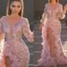 "Lotus Leaf V-Neck Pink Sequin Evening Gown – Elegant High-Slit Dress With Lantern Sleeves_ecoleips.com