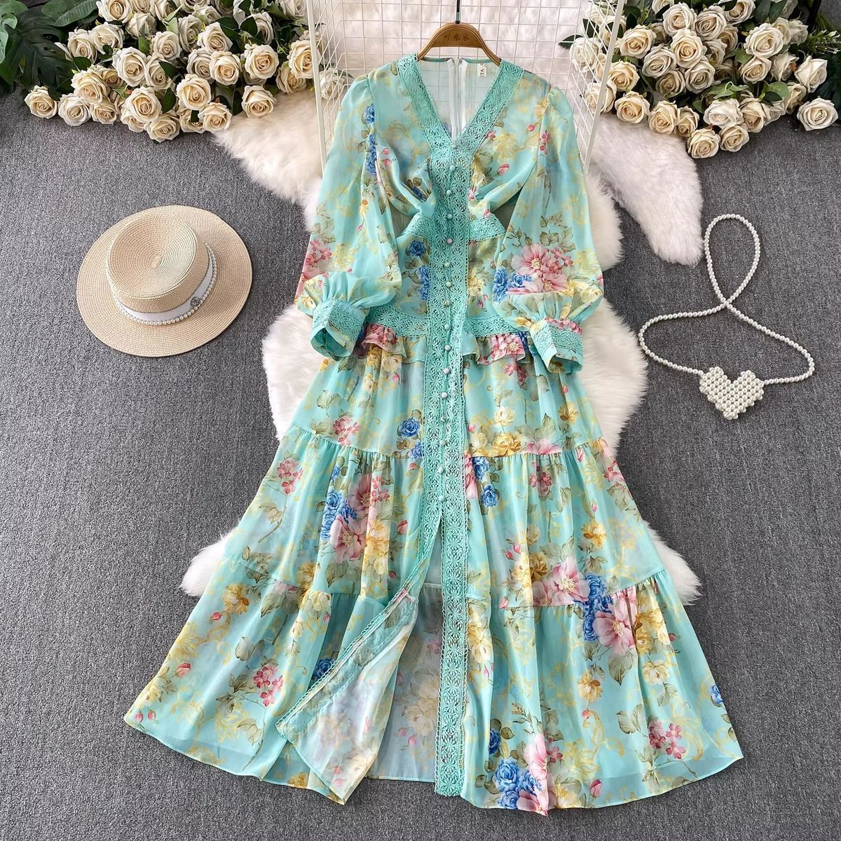 Women's French Style Lace Patchwork V Neck Dress Printed Slimming Long Skirt Single Breasted Waist Cinching Spring Autumn_ecoleips.com