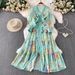 Women's French Style Lace Patchwork V Neck Dress Printed Slimming Long Skirt Single Breasted Waist Cinching Spring Autumn_ecoleips.com