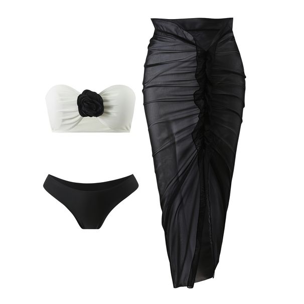Women's Clothing Color Matching Sexy New Rose Three Piece Mesh Long Skirt Swimsuit Bikini_ecoleips.com