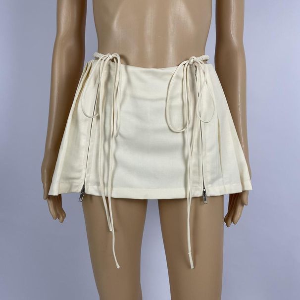 Short Summer, High-waisted Pleated Skirt, Slimming, With Zipper Slit, Vintage Style, Tie-waist Half Skirt For Women,_ecoleips.com