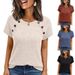Women's Casual Short Sleeve Top With Ribbed Knit And Button Detail, Relaxed Fit Crewneck Shirt For Everyday Wear_ecoleips.com