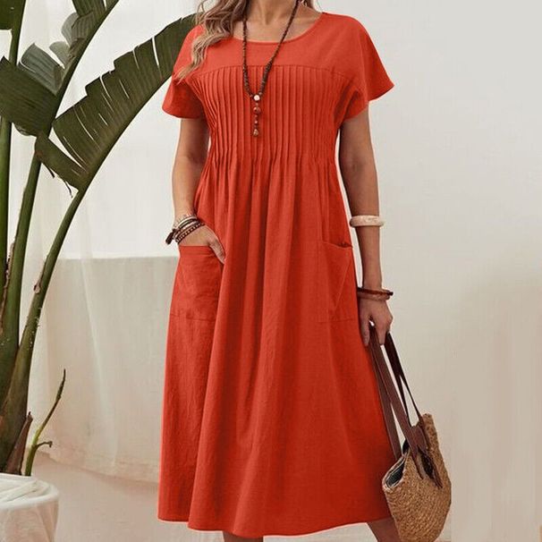 Women's Casual Short Sleeve Dress With Pocket - Solid Color Round Neck Cotton Linen Blend Midi Dress_ecoleips.com