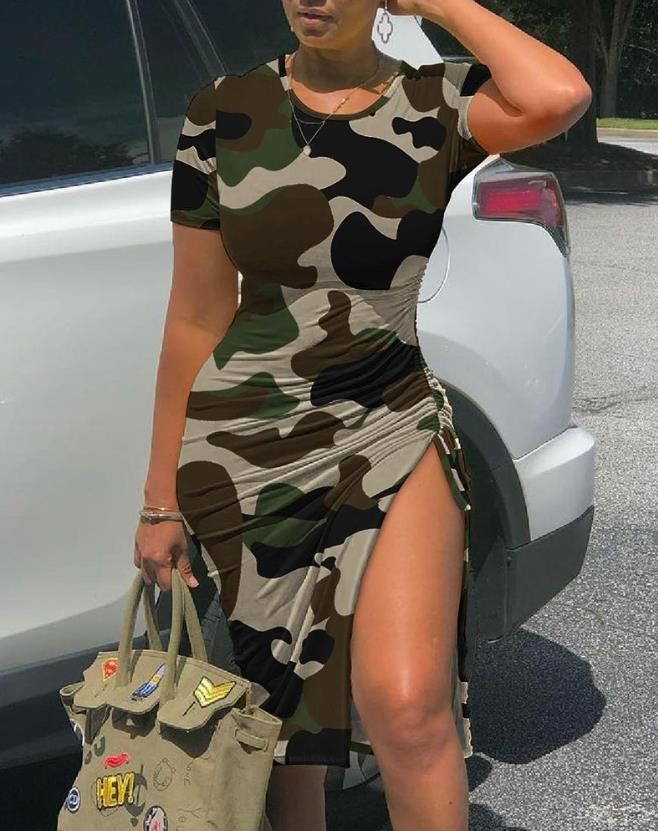Women's Clothing women's elegant round neck printed slit drawstring hip dress_ecoleips.com
