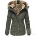 Women's Winter Warm Fleece-Lined Hooded Coat With Faux Fur Trim, Slim Fit Zip-Up Long Sleeve Jacket For Cold Weather_ecoleips.com