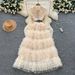 Women's Clothing Luxury French-Style Tulle Ball Gown – Embroidered Sequins & Beads, High Waist Elegant Long Dress (Beige/White/Black, M/L/XL/XXL)_ecoleips.com
