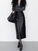 High Waist Genuine Leather Midi Skirt For Women A-Line Front Slit Elastic Back Elegant French Elegance Sheepskin_ecoleips.com