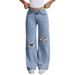 European And American Cross-border 2025 New Style Loose Light Blue Washed Wide-leg Jeans With Bow Embroidery_ecoleips.com