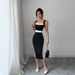Voya Women's Mature Intellectual Style Long Skirt With Square Neckline And Suspender, Contrasting Color Dress, Sexy Temperament Skirt_ecoleips.com