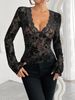 Aria Basics Aria Basics European And American Cross-Border 2025 Spring New Women's V-Neck Lace Patchwork Mesh Bell Sleeve T-Shirt Top_ecoleips.com