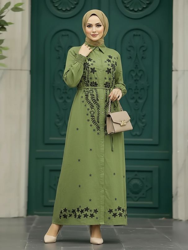 Elegant Embroidered Loose-Fit Maxi Dress With Lapel Collar – Boho Chic Women's Dress In 6 Colors (White, Red, Brown, Green, Black, Khaki)_ecoleips.com
