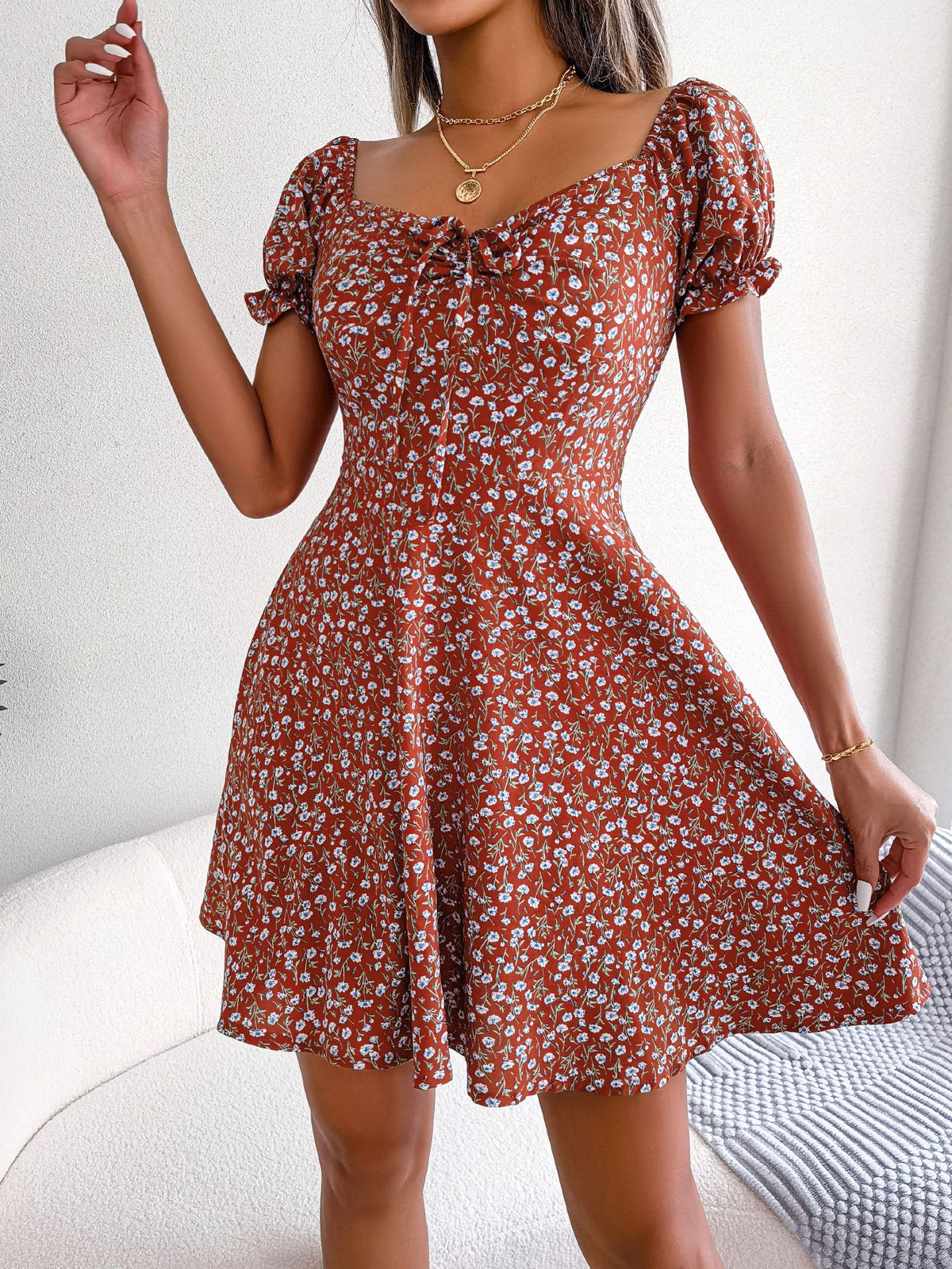 Ins Style Real Shot Spring Summer Casual Flared Sleeve Drawstring Tie Floral Large Hem Dress Independent Cross-Border_ecoleips.com