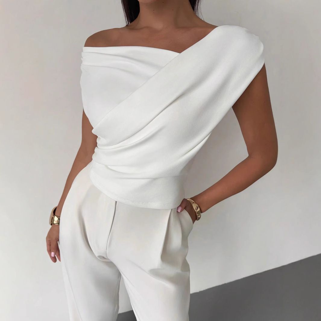 2025 European And American Solid Color Sleeveless T Shirt Women's Simple Style Oblique Shoulder Slimming Sleeveless Short Top_ecoleips.com
