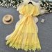 Women's French Romantic Style Puff Sleeve Lace Dress Belted A-Line Long Skirt Breathable Elegant Summer Dress Skin Friendly_ecoleips.com