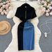 Women's Clothing Retro Denim Skirt Design Sense Contrast Color Stitching Slim Fit Medium And Long Short Sleeve Temperament Dress_ecoleips.com