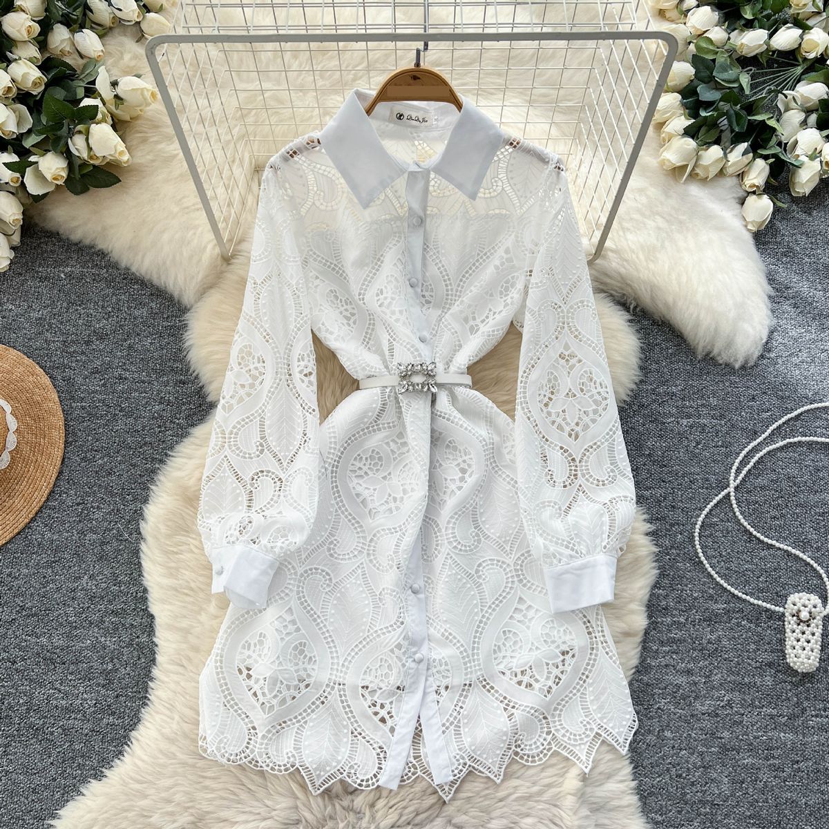 Women's Clothing Heavy Hollow Hook Embroidery Waist Single Breasted Dress Elegant Skirt_ecoleips.com