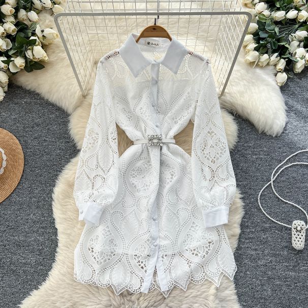 Women's Clothing Heavy Hollow Hook Embroidery Waist Single Breasted Dress Elegant Skirt_ecoleips.com