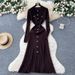 Elegant Waist-Cinching Knit Dress With Metal Buckle Detail, Long Sleeve Bodycon Dress With Lace Trim, Flattering Figure-Hugging Design For Women_ecoleips.com