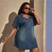 Plus Size Denim Shirt Dress With Half-Zip – Oversized Comfort, Vintage Wash, 3/4 Sleeve For Casual & Modest Style_ecoleips.com