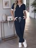 Women's Casual Short Sleeve V-Neck Top With Drawstring Straight Leg Pants Set, Summer Two-Piece Outfit, Comfortable Loungewear And Daily Wear_ecoleips.com