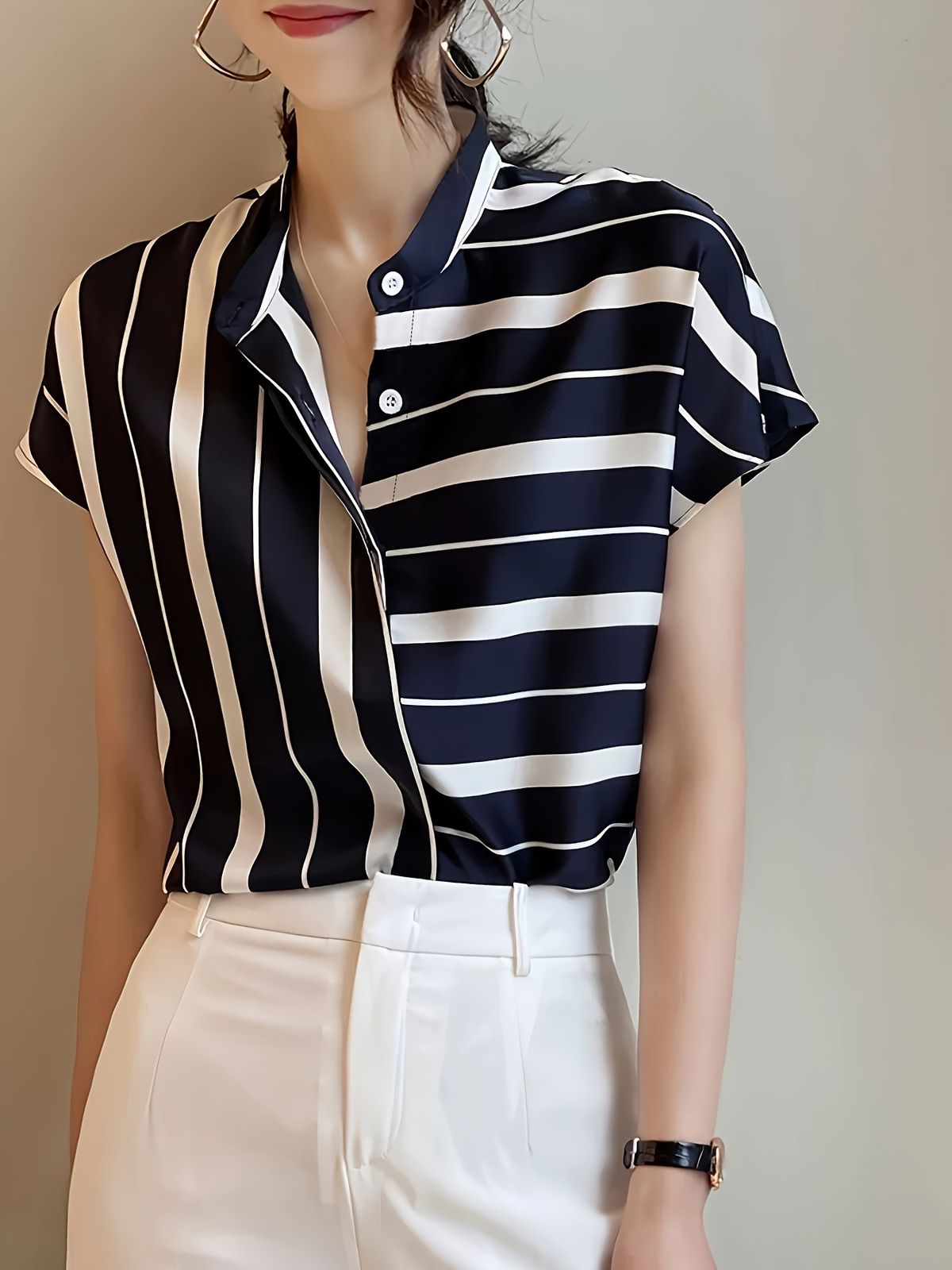 Summer New Style Women's Elegant Stand Collar Striped Shirt Top Short Sleeve Elegant Fashionable Trendy_ecoleips.com