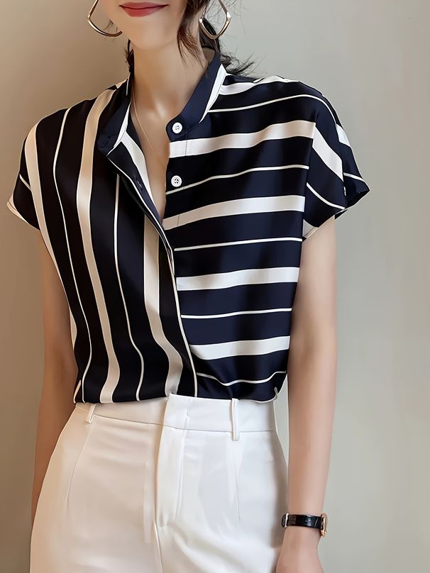 Summer New Style Women's Elegant Stand Collar Striped Shirt Top Short Sleeve Elegant Fashionable Trendy_ecoleips.com