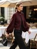 Wine Red Zip Stand Collar Pit Rib Knit Cardigan, Loose Lantern Sleeve Lightweight Breathable Soft Skin-touch Cropped Knit Jacket_ecoleips.com