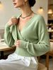 Light Sage Green Deep V Wrap Pit Rib Knit Sweater, Loose Lightweight Breathable Soft Skin-touch Long Sleeve Slim Waist Pullover_ecoleips.com