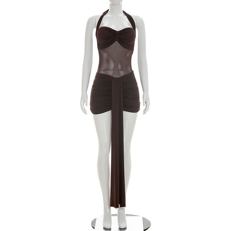 European And American Style Women's Summer Short Dress D26DS054 Solid Color Casual Mesh Patchwork Twisted Halter Neck with Ribbon_ecoleips.com