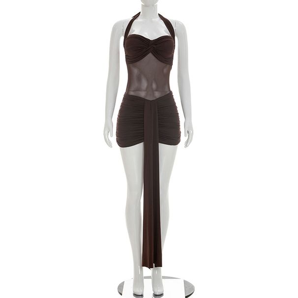 European And American Style Women's Summer Short Dress D26DS054 Solid Color Casual Mesh Patchwork Twisted Halter Neck with Ribbon_ecoleips.com