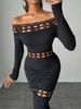 Maxi Dress Spring Summer Women Black Off-the-shoulder Long Sleeve Lace Cutout Bodycon Sexy Party Date Dress_ecoleips.com
