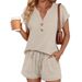 Women's Clothing Henley 2-Piece Shorts Set Casual Short Sleeve Top & Shorts Outfit | Ribbon Tie Detail Polyester Spandex Comfy Lounge Wear_ecoleips.com