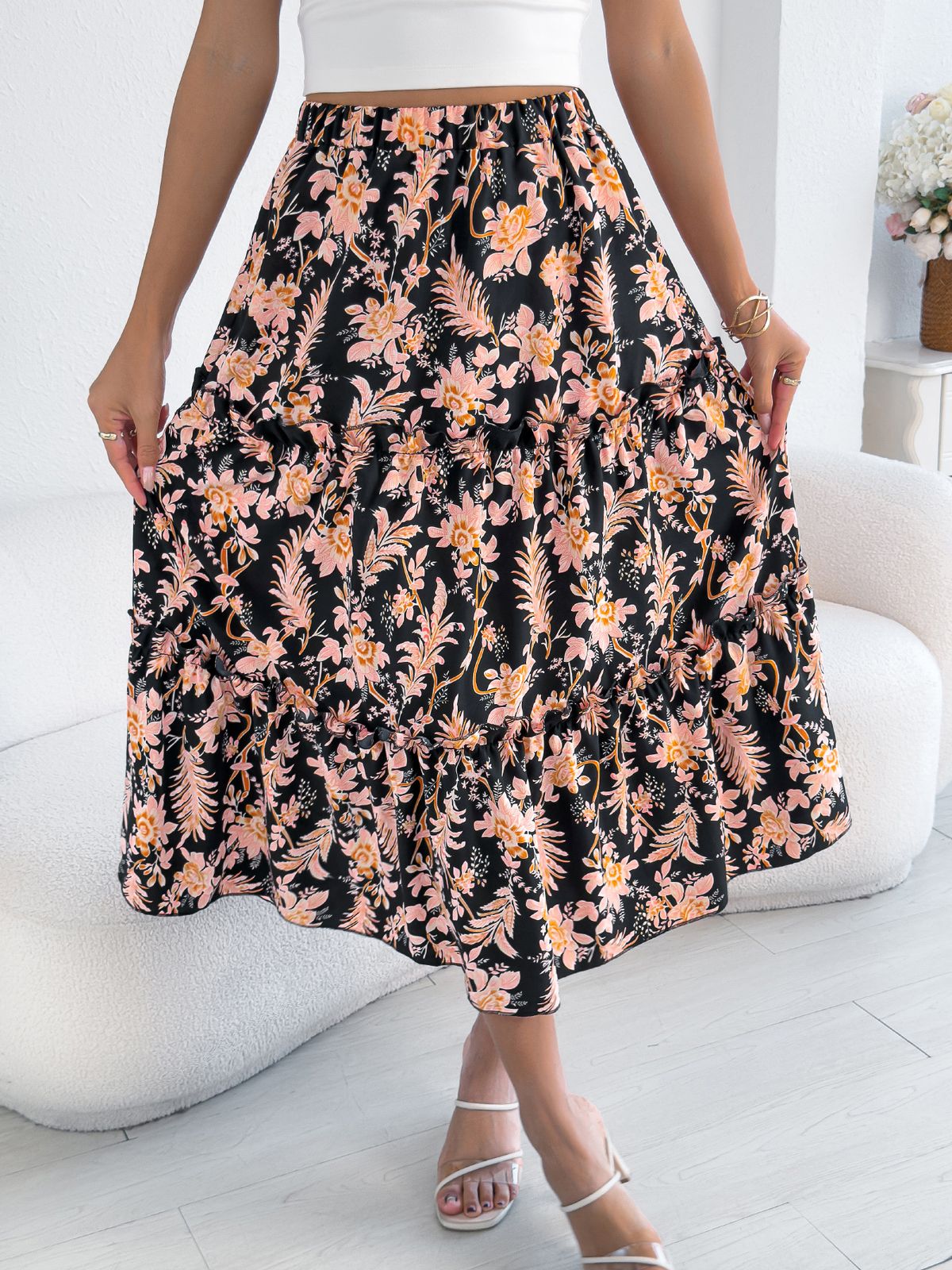 K Leisure Floral Fungus Edge Mid Length Skirt, Beach Skirt, Women's Dress_ecoleips.com