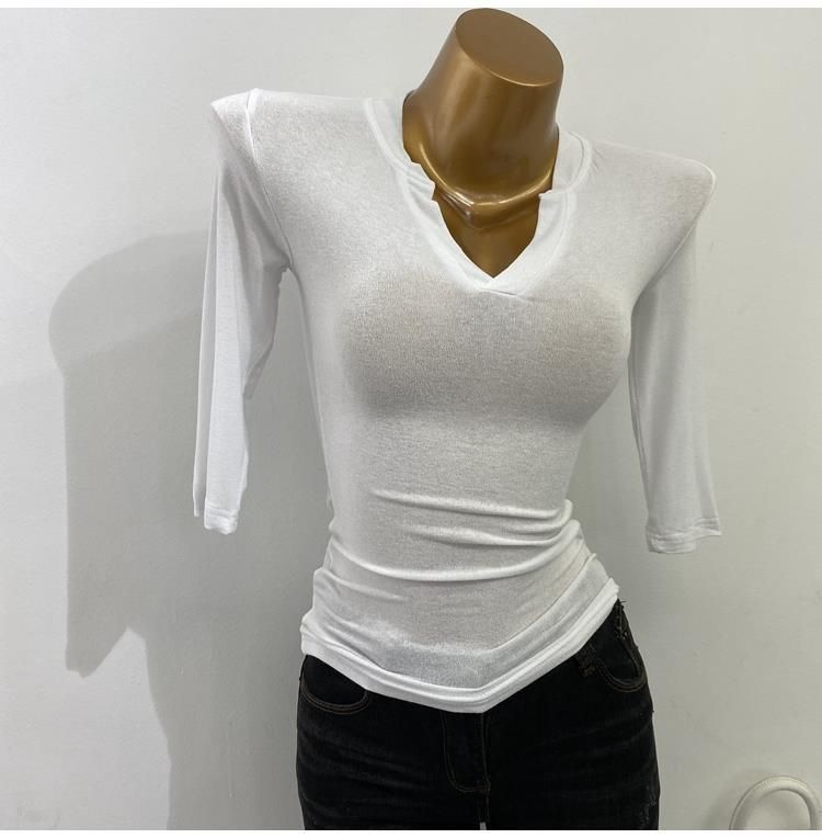 Sexy Sheer V Neck mid Sleeve T-Shirt for Women Super a Cut Slimming And Flattering Versatile New Style Women's Top_ecoleips.com