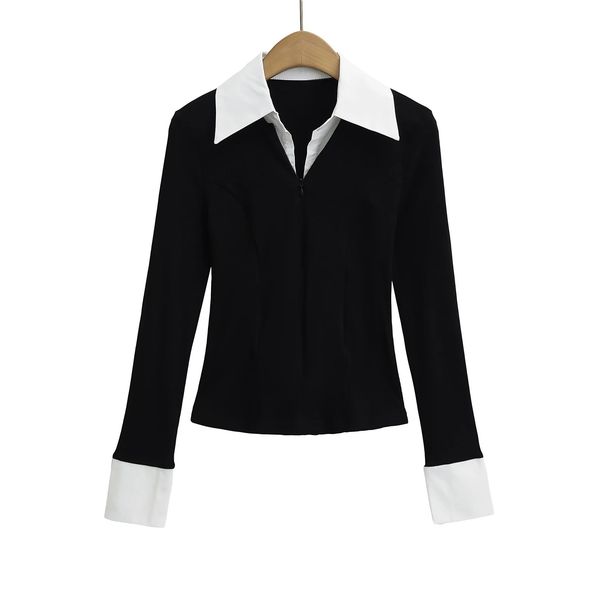Wind New Style Pure Desire Sexy Spicy Girl Slim Fit Shirt Collar Long Sleeved 2025 Spring/summer Base T-shirt Top Female_ecoleips.com