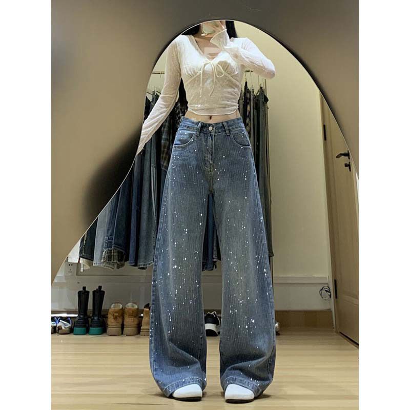 Women's High-Waisted Slimming Rhinestone Denim Jeans Straight Leg Wide Leg Pants Retro American Style For Autumn/Winter_ecoleips.com