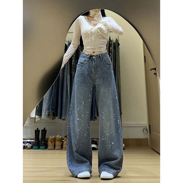 Women's High-Waisted Slimming Rhinestone Denim Jeans Straight Leg Wide Leg Pants Retro American Style For Autumn/Winter_ecoleips.com