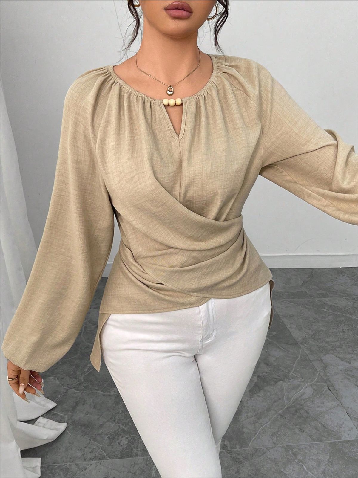 Elegant Beaded Wrap V-Neck Blouse for Women Crisscross Ruffle Detail Long Sleeves Flattering Design_ecoleips.com