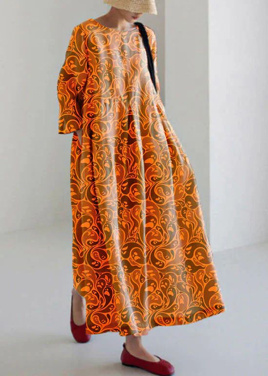Flowy Printed Long Sleeve Maxi Dress – Oversized Fit, Round Neck, Boho Chic_ecoleips.com