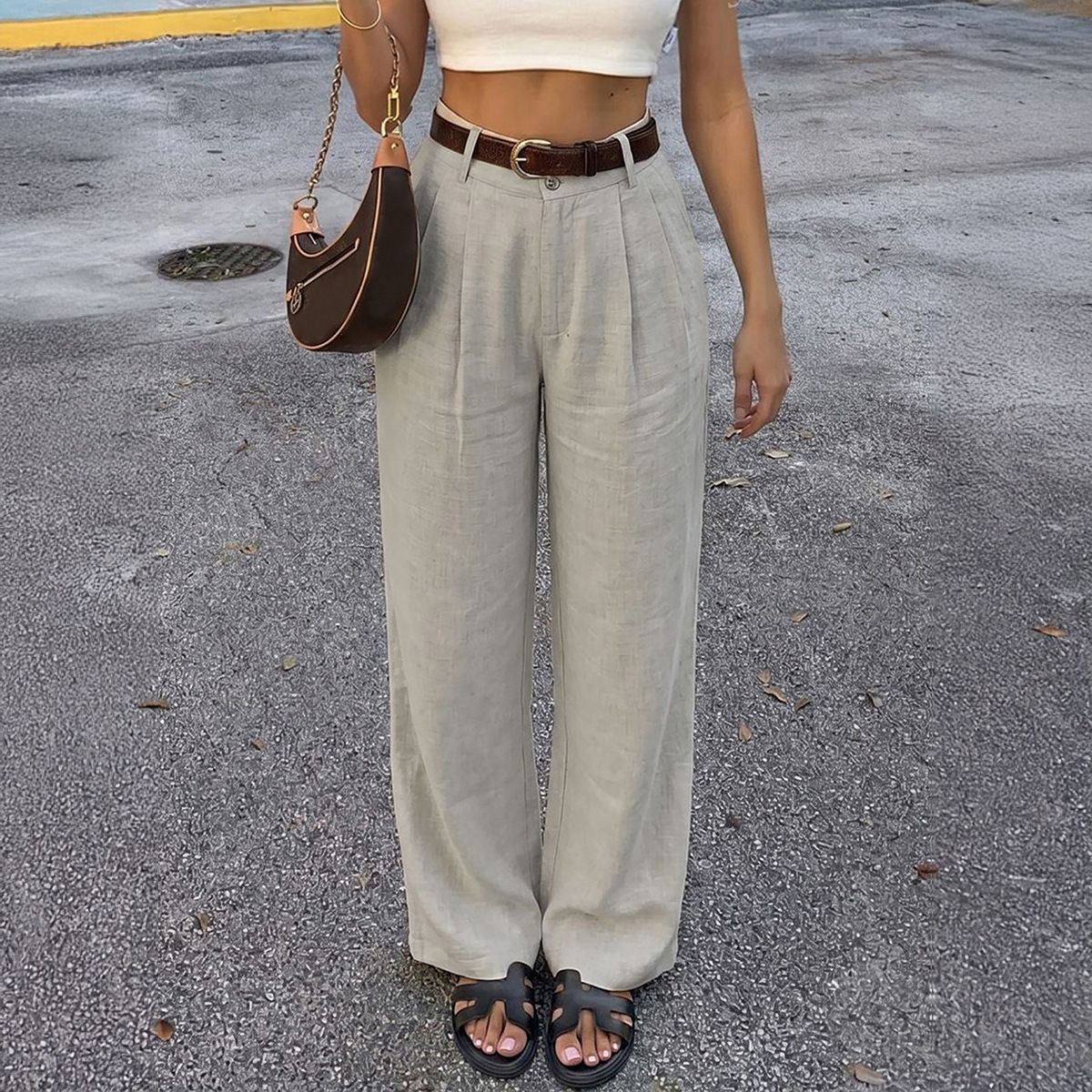 Women's High-Waisted Double Pleated Textured Wide Leg Pants Casual Vacation Style Spring/Summer Clothing_ecoleips.com