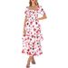 Women's Square Neck Long Dress Chiffon Waist Cinching Floral Print Cake Style Fashion Short Sleeve_ecoleips.com