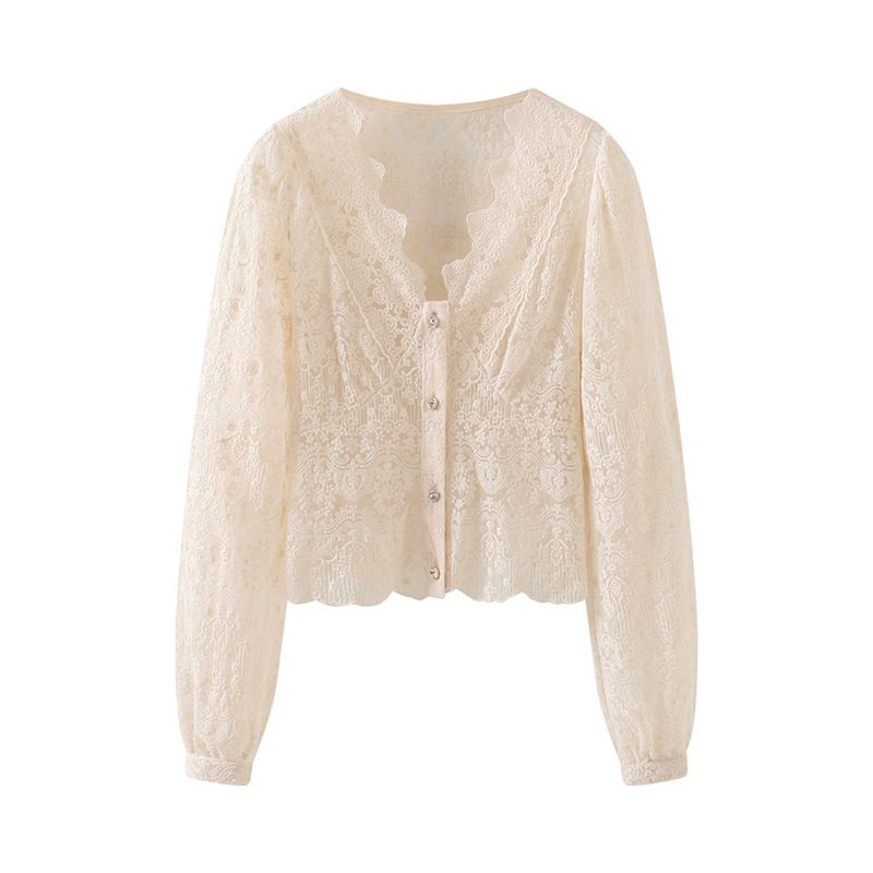 Women's Lace V-Neck Cardigan Short-Length Blouse Comfortable Fit Elegant Layering Essential for Spring Versatile_ecoleips.com