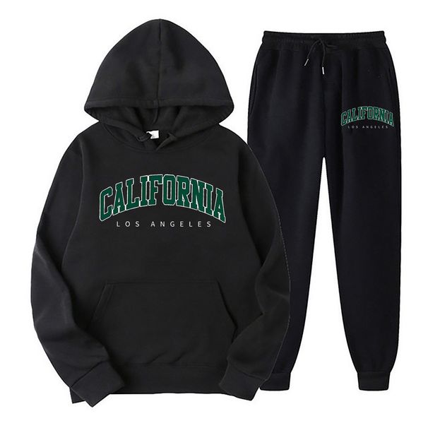 Women's Autumn And Winter Casual Fashion California Letter Pattern Printed Thick Fleece Warm Hooded Sweatshirt+sports Pants Set-691_ecoleips.com